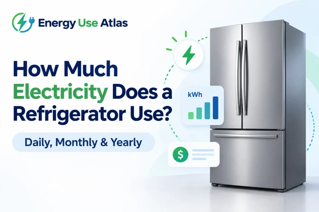 Energy Use Atlas graphic showing a refrigerator with electricity and kWh icons, illustrating daily, monthly, and yearly refrigerator electricity consumption.